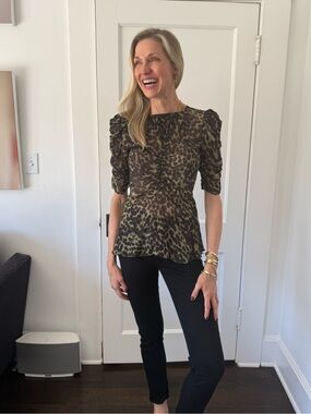 Isabel Marant Olive and Black Leopard-Print Puff-Sleeve Blouse